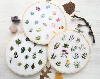 Tiny Crystals, Leaves and Herbs Collections Hand Embroidery Patterns set of 3 Mini Embroidery Hoop Art designs