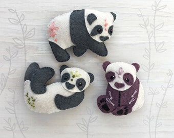 3 Panda Bears Mini Plush Felt Animals Sewing pattern, felt toy, PDF Download, SVG file