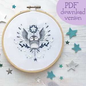 PDF Starry Owl Hand Embroidery Pattern, Celestial Decor Hoop Art Design