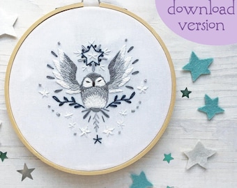 PDF Starry Owl Hand Embroidery Pattern, Celestial Decor Hoop Art Design