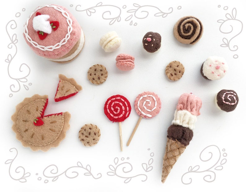 Felt Food Desserts Plush Sewing Pattern, Mini Sweet Shoppe, PDF Download, SVG files for Doll House Miniatures, Felt Ornaments, Brooch image 1