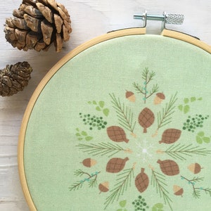 Evergreen Hand Embroidery color Sampler with printed fabric, Christmas Winter Mandala Embroidery Hoop Art image 2