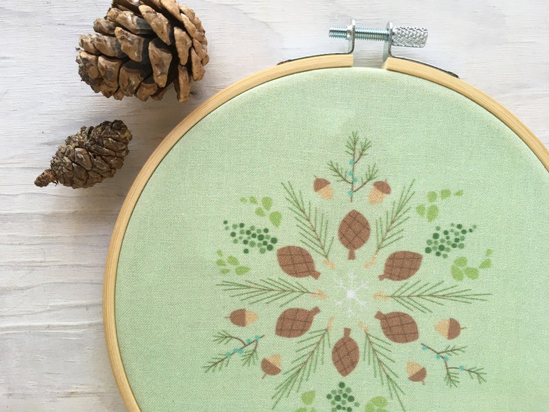 Evergreen Hand Embroidery color Sampler with printed fabric, Christmas Winter Mandala Embroidery Hoop Art image 2