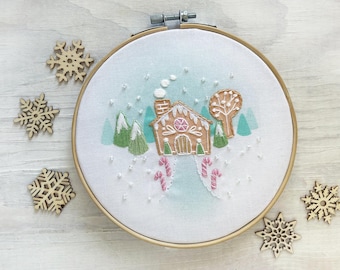 Gingerbread House Hand Embroidery Sampler with color printed fabric, Christmas Embroidery Hoop Art