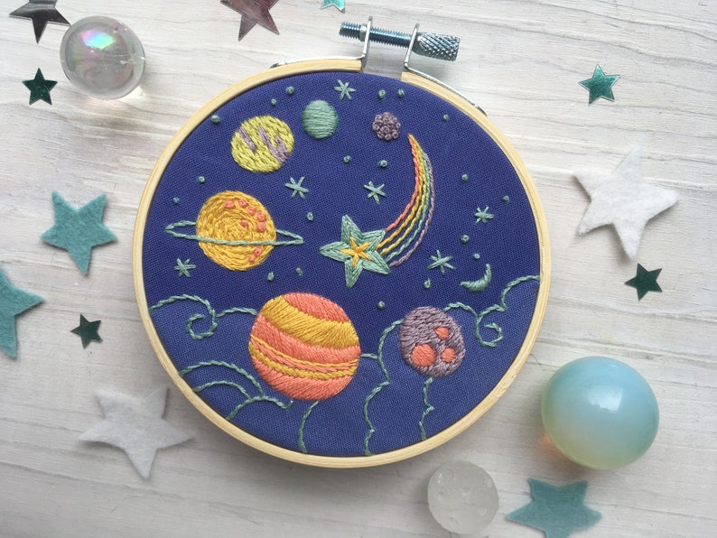 Planets and Stars Hand Embroidery 4 inch printed fabric Stitch Sampler, cosmic rainbow solar system, perfect for beginners zdjęcie 5