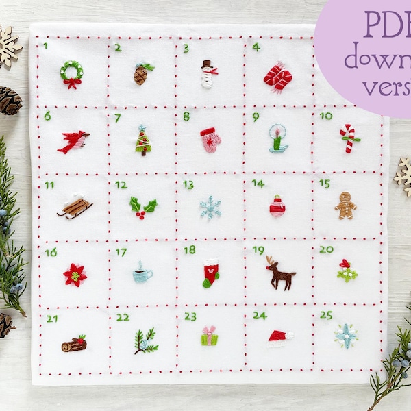 PDF Download Tiny Christmas Advent Calendar Hand Embroidery Pattern, mini holiday DIY