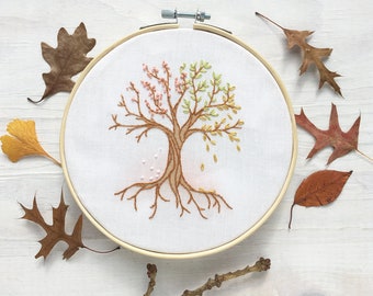 4 Seasons Tree Beginner Hand Embroidery color Sampler with printed fabric, Modern Embroidery Hoop Art