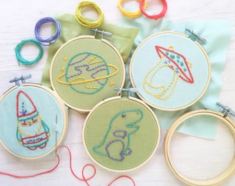 Hand Embroidery For Kids, learn to embroider with the Kid Stitch Kit, Rainbow floss, hoop, needle, patterns and fabric, DIY craft kit