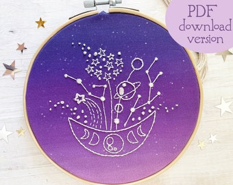 PDF download Moon Bouquet moon phases constellation Hand Embroidery pattern, Beginner level Celestial Decor Hoop Art Design