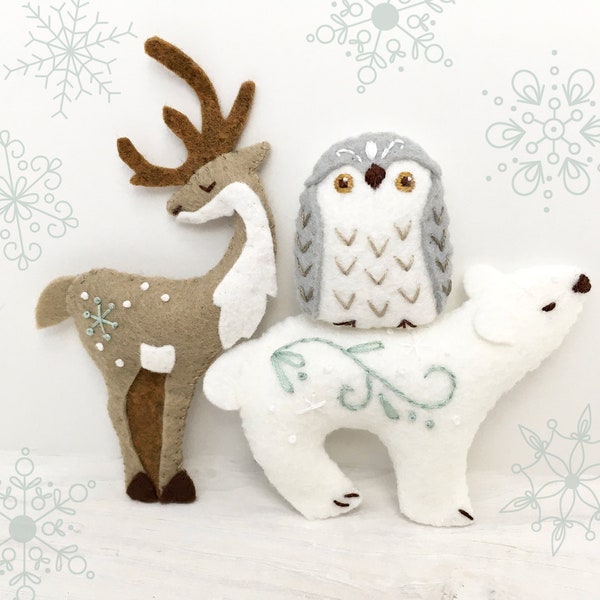 Winter Animals Mini Plush Felt Sewing pattern, felt toy, Christmas ornament, PDF Download, SVG files for cricut, silhouette