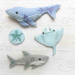 Meerestiere Plüsch Schnittmuster, Filztiere PDF SVG Download, Blauwal, Hai, Manta Ray, Filz Ornamente