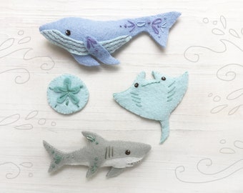 Creature marine Peluche modello di cucito, Feltro Animali PDF SVG Download, Balena blu, Squalo, Manta Ray, Felt Ornamenti