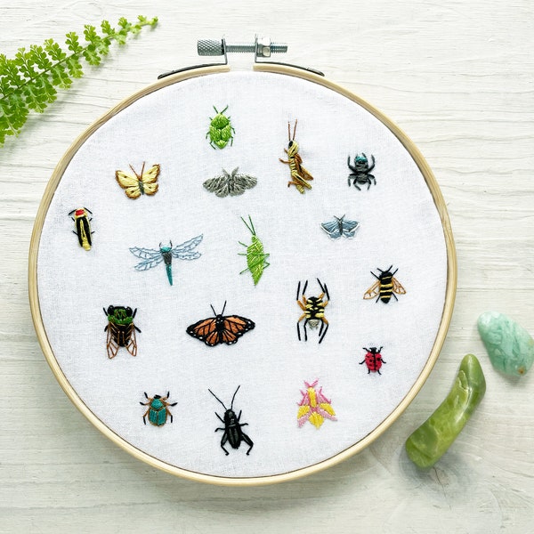 Tiny Bugs Sammlung Handstickerei Muster PDF Download, Mini Inseks Embroidery Hoop Art
