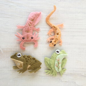 Pu&ograve; includere: Quattro figure di animali in feltro: un axolotl rosa, una lucertola marrone, una rana verde e una rana marrone. Le figure sono tutte cucite a mano e hanno dettagli ricamati.