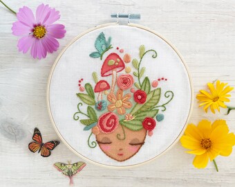 Garden Goddess Hand Embroidery Sampler, Floral Flowers Hoop Art Design