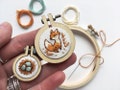 Mini Hand Embroidery Hoop Kit, Fox and Nest Beginner Hand Embroidered Charms for Pendant or needle minder