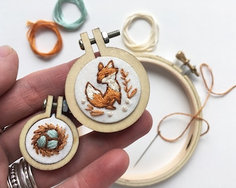 Mini Hand Embroidery Hoop Kit, Fox and Nest Beginner Hand Embroidered Charms for Pendant or needle minder