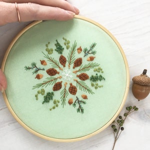 Evergreen Hand Embroidery color Sampler with printed fabric, Christmas Winter Mandala Embroidery Hoop Art image 6