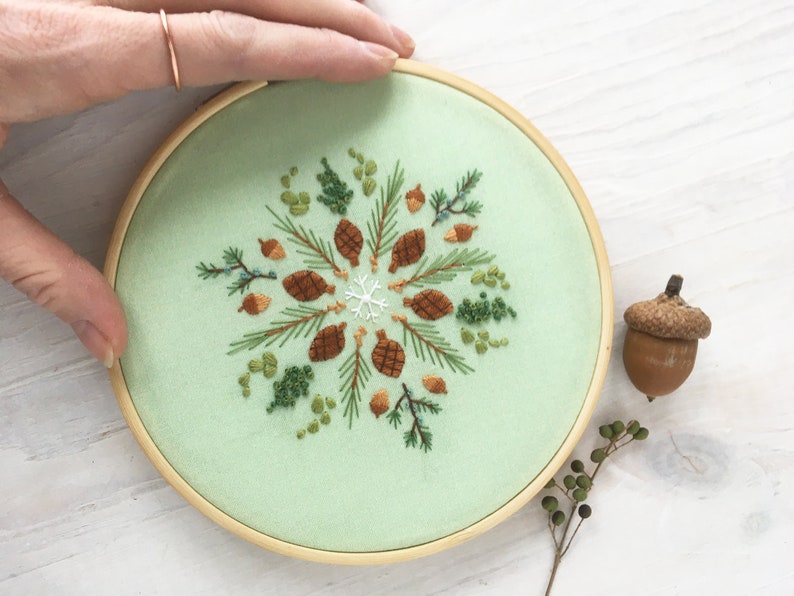Evergreen Hand Embroidery color Sampler with printed fabric, Christmas Winter Mandala Embroidery Hoop Art image 6