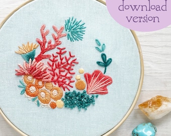 PDF download Coral Reef Hand Embroidery pattern, under water, sea and ocean decor