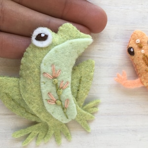 Pu&ograve; includere: Una rana di feltro verde con dettagli ricamati, tra cui uno stelo di fiore e foglie. La rana ha un occhio bianco con una pupilla marrone.