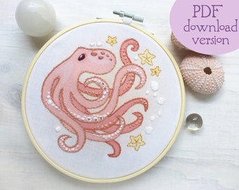 PDF download Octopus Hand Embroidery pattern, nautical sea creatures Embroidery Hoop Art