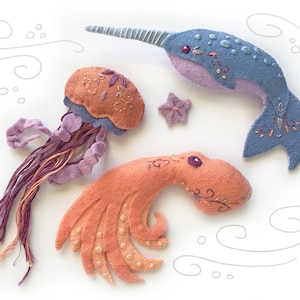 Felt Animals, Sea Creatures Set 1, Plush Pattern, Sewing Pattern, PDF SVG Download, Octopus, Narwhal, Jellyfish, Felt Ornaments