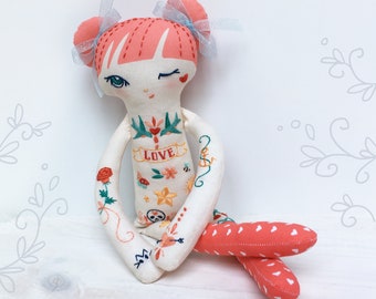 DIY Cut and Sew cloth doll with embroidery, Lydia Love tattooed doll, embroidery sampler, craft kit