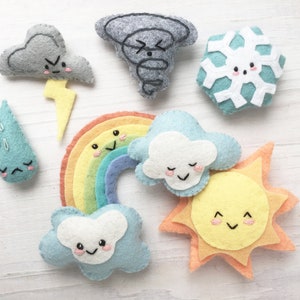 Weather Felt Sewing Patterns, Rainbow, Sun and Clouds PDF Plush Pattern, SVG file for mini felt toys, baby mobile