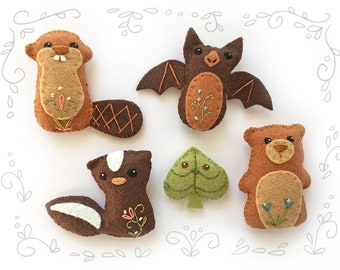 Woodland Creatures set 4 Felt Animals Sewing Pattern, Plush PDF Download, SVG file for Wool Felt Ornaments, Baby Mobile, Nursery Decor