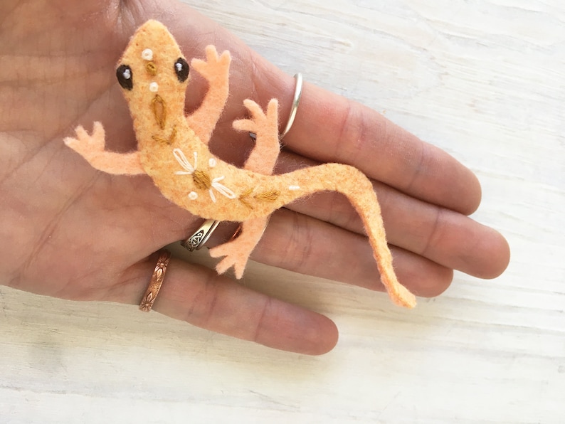 Pu&ograve; includere: Un piccolo geco in feltro arancione con dettagli ricamati. Il geco ha una lunga coda ed &egrave; in posa con le zampe distese.