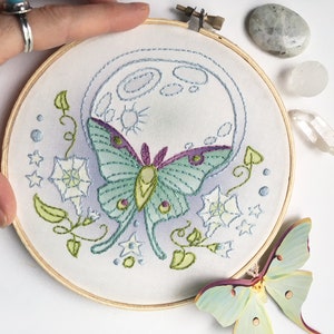 Hand Embroidery Sampler, Luna Moth Butterfly Moon, DIY Sampler, Celestial Embroidery Hoop Art, Beginner Embroidery Pattern