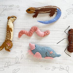 May include: A selection of handmade felt animal toys, featuring a brown and white weasel, a brown lizard with a blue tail, a pink worm, a blue mole with pink feet, and a brown ant. The toys are displayed on a light wood-grain surface.