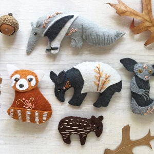 Felt Animals Unusual Creatures PDF download, SVG file, Plush Sewing Pattern for Red Panda, Tapir, Aye Aye and Anteater