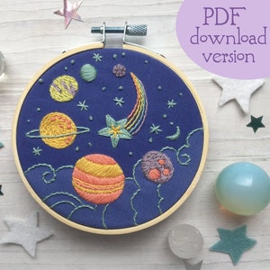 PDF pattern Planets and Stars Hand Embroidery design, cosmic rainbow solar system, perfect for beginners