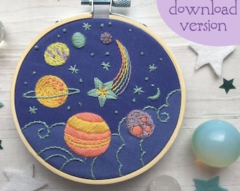 PDF pattern Planets and Stars Hand Embroidery design, cosmic rainbow solar system, perfect for beginners