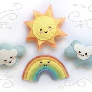 Rainbow, Sun and Clouds PDF Plush Sewing Pattern, SVG file for mini felt toys, baby mobile image 1