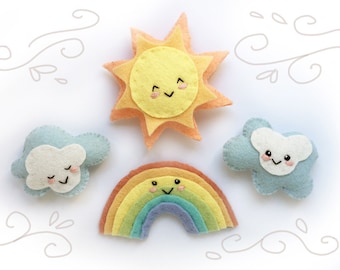 Rainbow, Sun and Clouds PDF Plush Sewing Pattern, SVG file for mini felt toys, baby mobile