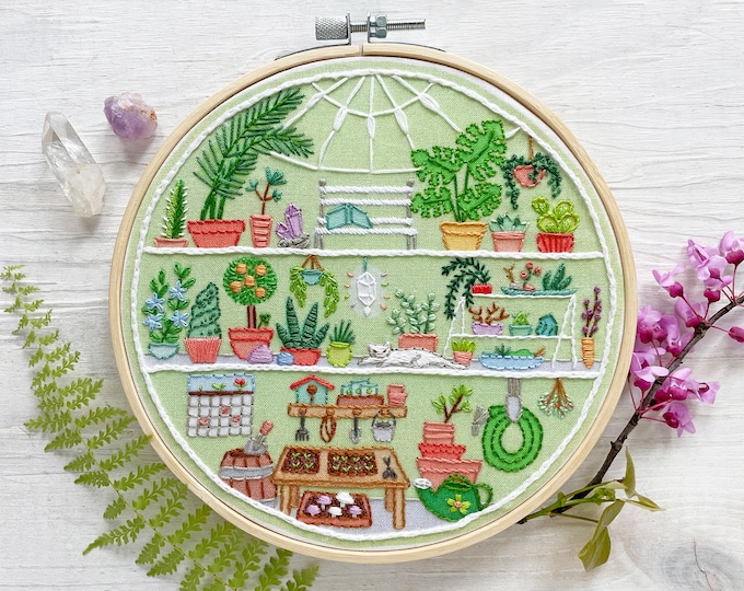 little greenhouse Hand Embroidery Sampler, Garden, Plant Lady DIY Decoration