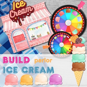 May include: A printable ice cream parlor game for kids. The game includes a colorful wheel with different ice cream flavors and toppings, a printable ice cream shop, and a build your own ice cream cone activity.