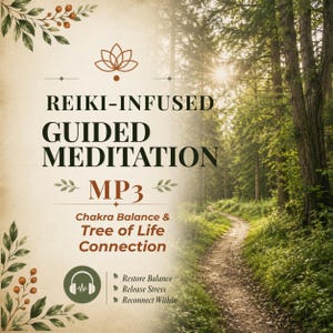 Könnte beinhalten: Bildwerbung für eine Reiki-infundierte geführte Meditation MP3. Das Design zeigt Text, eine Lotusblume und botanische Elemente. Der Hintergrund zeigt einen Weg durch einen sonnenbeschienenen Wald, der Natur und Entspannung suggeriert.