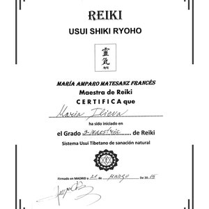 The text reads 'REIKI USUI SHIKI RYOHO' in black text. The text '霊気' is in black text. The text 'MARÍA AMPARO MATESANZ FRANCÉS Maestra de Reiki CERTIFICA que Maria Ilieva ha sido iniciado en el Grado 3-Maestria... de Reiki Sistema Usui Tibetano de sanación natural Firmado en MADRID a 21 de Marzo De 20...' is in black text.
