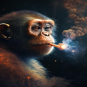 Peut inclure: Un gros plan d'un chimpanzé avec une expression sérieuse, fumant un bâton allumé dans un décor spatial avec des étoiles et de la fumée.