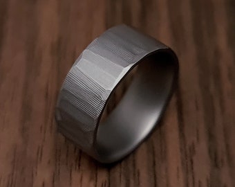 Dark Gray Hammered Wedding Band for Men Mat Dark Faceted Finish Ring for Women Wedding Ring Matte Men's Titanium Dark Band Anniversary Ring