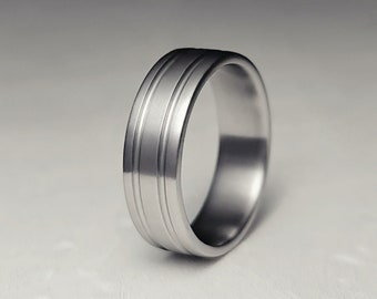Men's Modern Minimalist Titanium Ring With Grooves Wedding Band For Him Lightweight Gray Handcrafted Band Industrial Style Engagement Ring