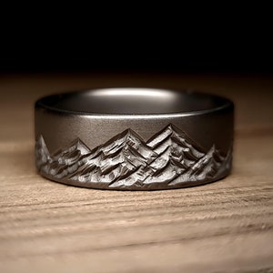 Dark Titanium Mountain Band Ring for Men Nature Wedding Ring Unique Engraved Promise Ring Outdoor Enthusiast Gift for Birthday Anniversary