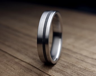Mens Titanium and Black Carbon Fiber Wedding Band for Man Fashion Ring Minimalist Brushed Mens Band for Anniversary Birthday Ring Dad Gift