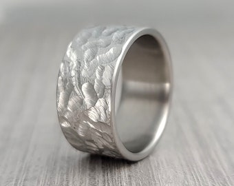 Mens Wedding Hammered Titanium Band Distressed Rustic Finish Womens Wedding Ring Silver Matt Surface Wedding Band Gift for him for Dad