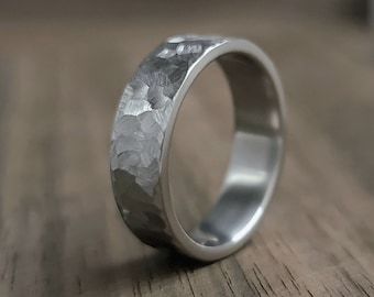 Hammered Minimalist Wedding Band for Mens Matte Titanium Ring for Womens Hammered Finish Industrial Ring for Husband Anniversary Ring Gift