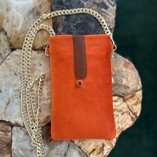 Mini sac à main en daim orange brûlé, sac à bandoulière, pochette pour téléphone, cadeau d'anniversaire